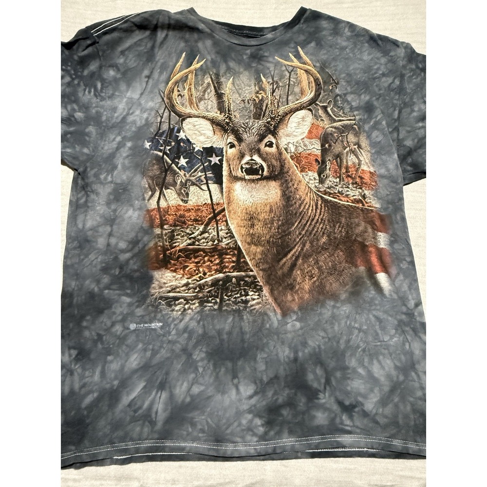 The Mountain‎ Shirt Mens XL Gray Tie Dye Short Sleeve Buck Deer American Flag
